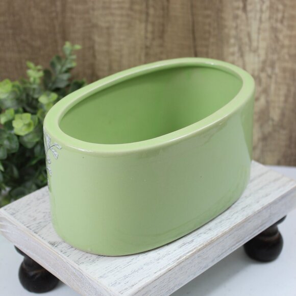 Celadon Green Pottery Planter: Oval Vase with Bird & Branch Design - Picture 5 of 7